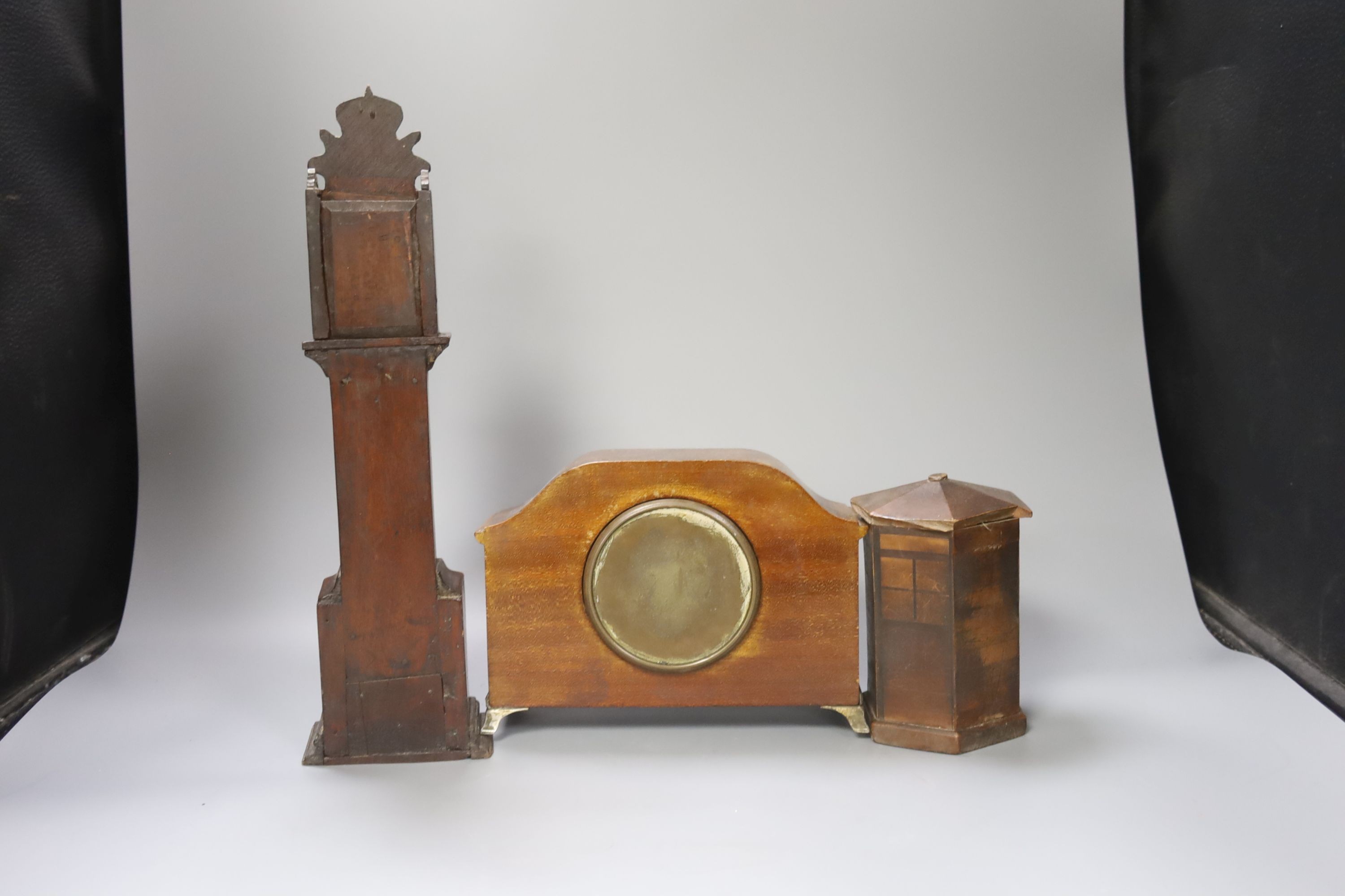 A late Georgian miniature longcase clock with pocket watch dial, puzzle coin box and mantel clock 36cm